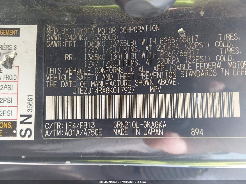2008 Toyota 4runner VIN JTEZU14RX8K017927 IAAI salvage auction — NORMAL WEAR, Clear (Louisiana), sold $2,350 on 2026-07-28 (photo 9)