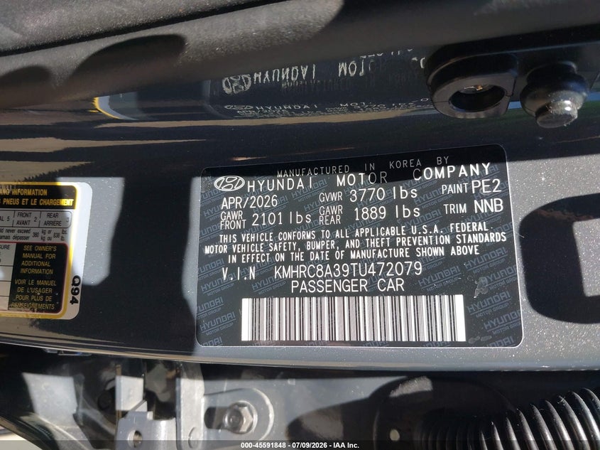 2026 Hyundai Venue VIN KMHRC8A39TU472079 IAAI salvage auction — FRONT END, Salvage Title, sold $11,000 on 2026-07-12 (photo 9)