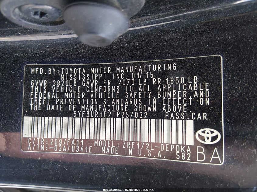 2015 Toyota Corolla VIN 5YFBURHE2FP257032 IAAI salvage auction — FRONT END, Repossession Paperwork (South Carolina), sold $2,175 on 2026-07-29 (photo 9)