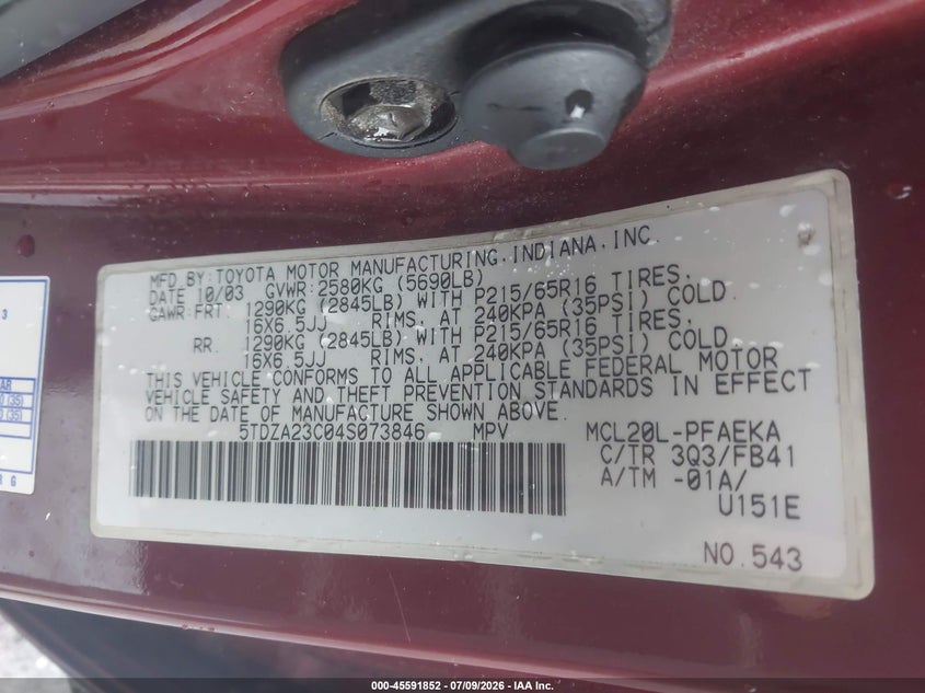2004 Toyota Sienna VIN 5TDZA23C04S073846 IAAI salvage auction — NORMAL WEAR, Clear (New Jersey), sold $925 on 2026-07-28 (photo 9)