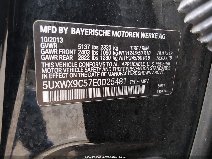 2014 BMW X3 VIN 5UXWX9C57E0D25481 IAAI salvage auction — UNKNOWN, Clear (Indiana), sold $1,550 on 2026-07-29 (photo 9)