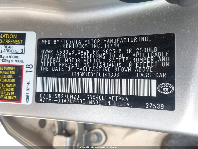 2015 Toyota Avalon VIN 4T1BK1EB1FU141398 IAAI salvage auction — FRONT END, Salvage (Idaho), sold $4,500 on 2026-07-23 (photo 9)