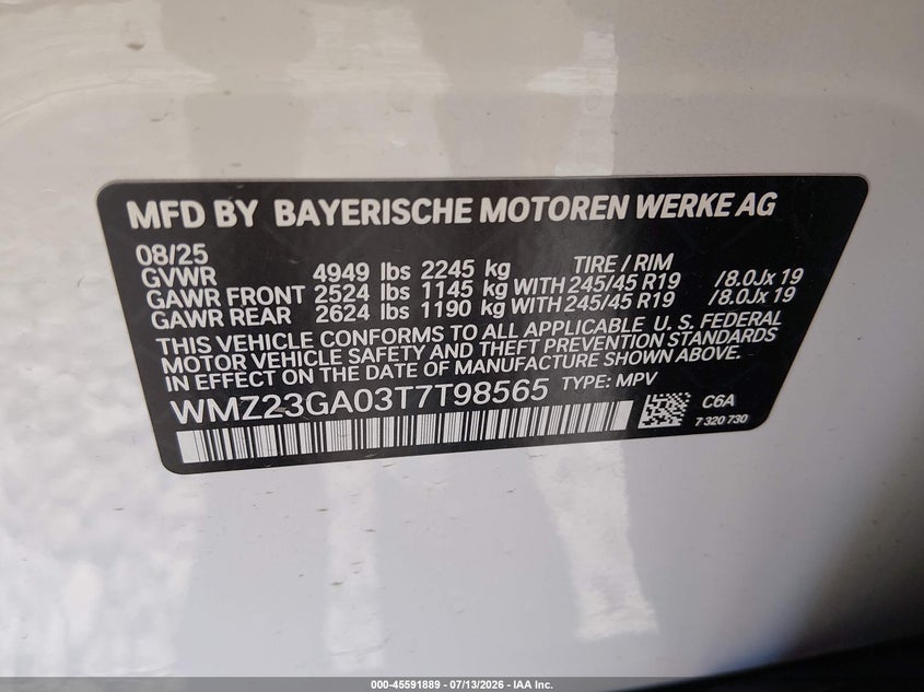 2026 Mini Countryman VIN WMZ23GA03T7T98565 IAAI salvage auction — REAR END, Salvage Title, sold $15,500 on 2026-08-17 (photo 9)