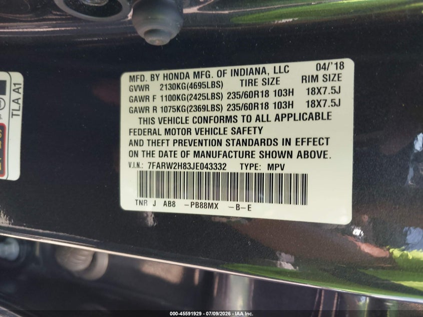 2018 Honda Cr-v VIN 7FARW2H83JE043332 IAAI salvage auction — REAR END, Mv-907A (New York), sold $5,800 on 2026-07-28 (photo 9)