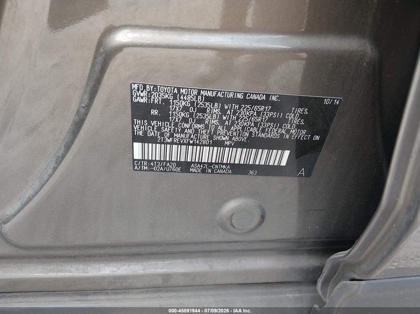 2015 Toyota Rav 4 VIN 2T3WFREVXFW142801 IAAI salvage auction — RIGHT FRONT, Salvage (South Carolina), sold $3,900 on 2026-08-17 (photo 9)