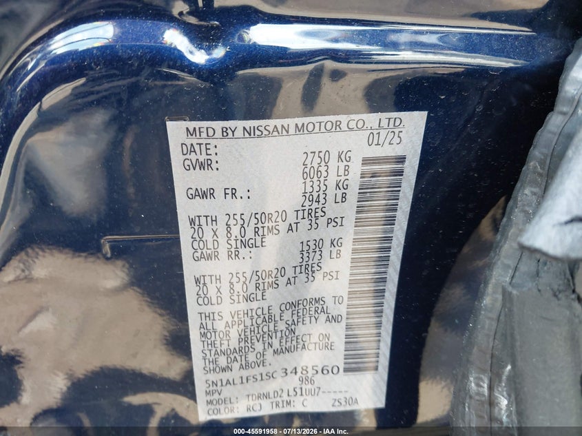 2025 Infiniti Qx60 VIN 5N1AL1FS1SC348560 IAAI salvage auction — SIDE, Salvage Title, sold $13,000 on 2026-08-22 (photo 9)
