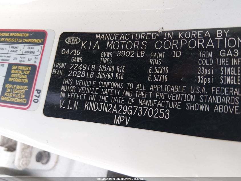 2016 Kia Soul VIN KNDJN2A29G7370253 IAAI salvage auction — NORMAL WEAR, Original (Texas), sold $1,200 on 2026-07-29 (photo 9)