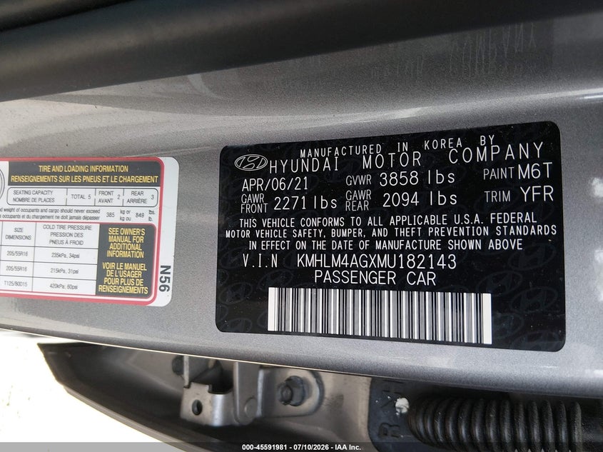 2021 Hyundai Elantra VIN KMHLM4AGXMU182143 IAAI salvage auction — FRONT END, Salvage (Connecticut), sold $4,350 on 2026-07-30 (photo 9)