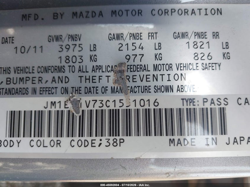 2012 Mazda 3 VIN JM1BL1V73C1551016 IAAI salvage auction — NORMAL WEAR, Clear (Illinois), sold $425 on 2026-07-29 (photo 9)
