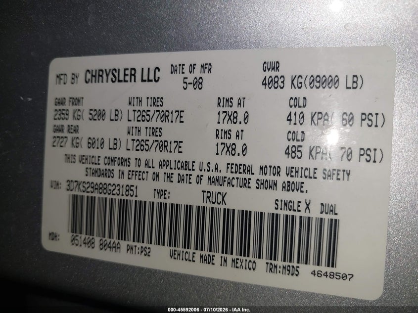 2008 Dodge Ram 2500 VIN 3D7KS29A88G231851 IAAI salvage auction — FRONT END, Salvage (Arizona), sold $8,800 on 2026-08-18 (photo 9)