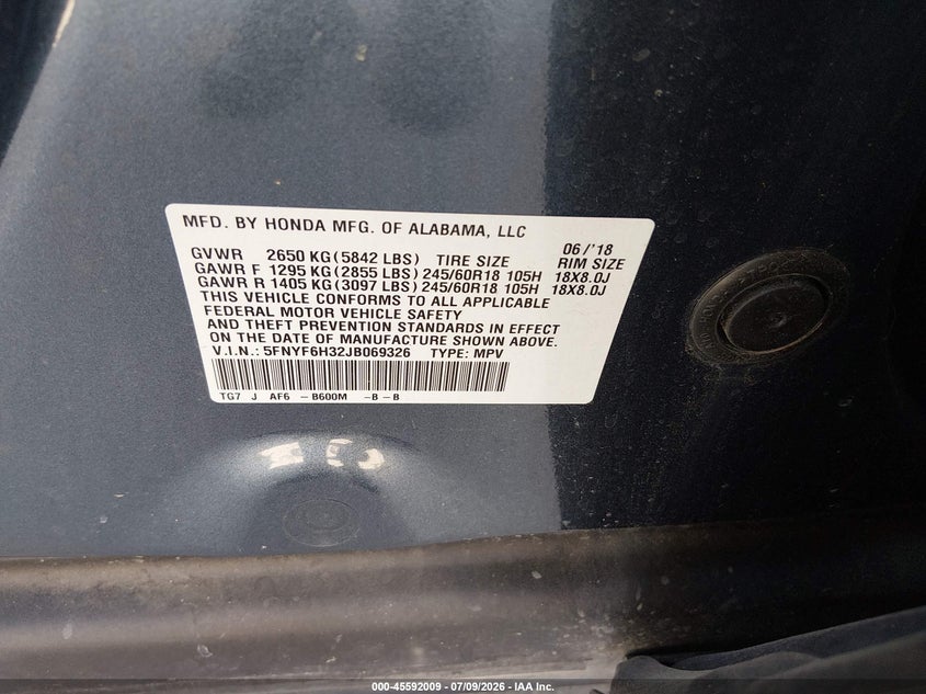 2018 Honda Pilot VIN 5FNYF6H32JB069326 IAAI salvage auction — NORMAL WEAR, Original (Texas), sold $9,300 on 2026-07-29 (photo 9)