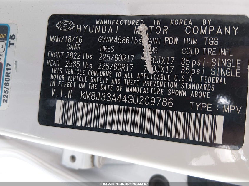 2016 Hyundai Tucson VIN KM8J33A44GU209786 IAAI salvage auction — NORMAL WEAR, Salvage Title, sold $1,550 on 2026-07-29 (photo 9)