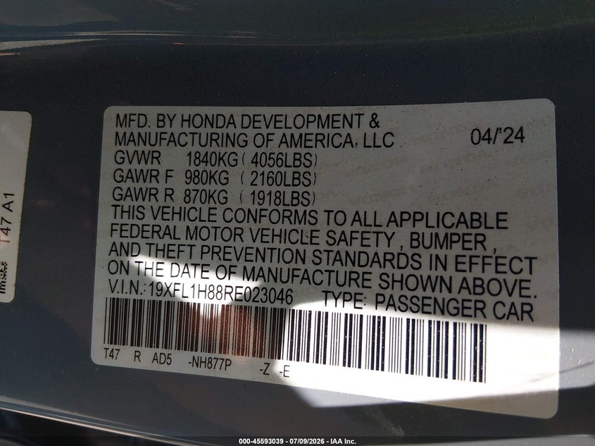 2024 Honda Civic VIN 19XFL1H88RE023046 IAAI salvage auction — RIGHT FRONT, Salvage Title, sold $6,600 on 2026-08-20 (photo 9)