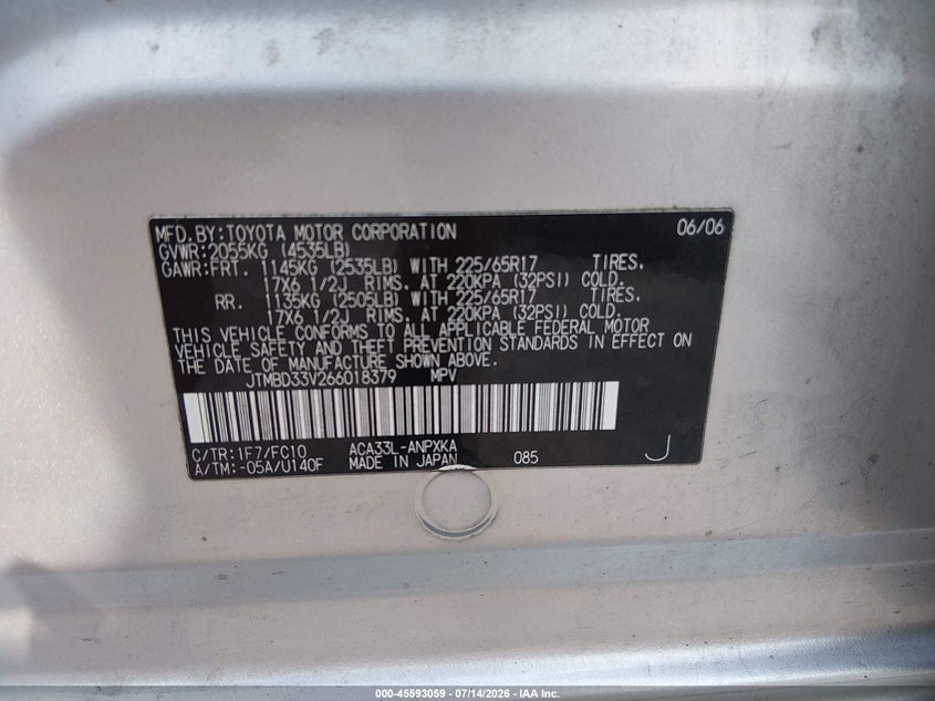 2006 Toyota Rav 4 VIN JTMBD33V266018379 IAAI salvage auction — SIDE, Salvage (Pennsylvania), sold $1,100 on 2026-07-26 (photo 9)