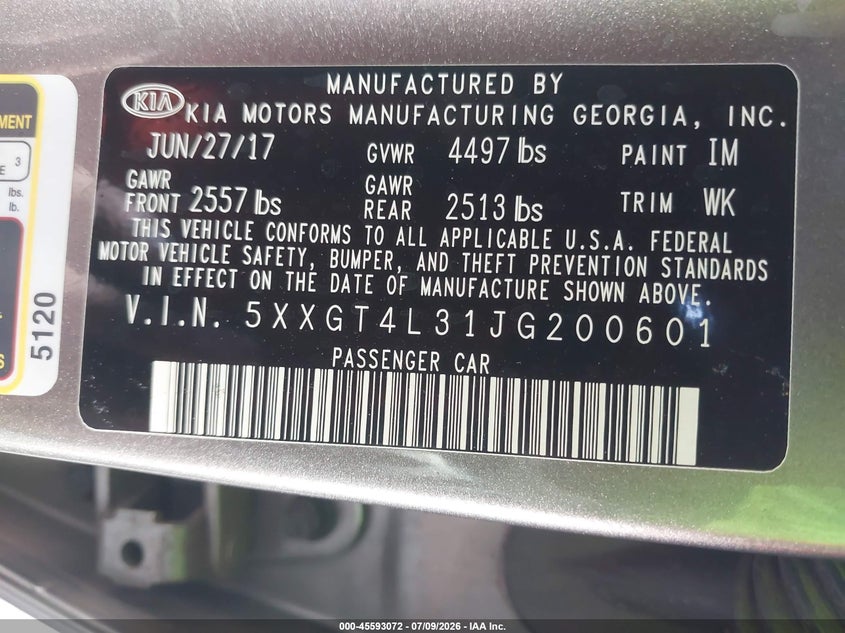 2018 Kia Optima VIN 5XXGT4L31JG200601 IAAI salvage auction — FRONT END, Salvage (Arizona), sold $1,300 on 2026-07-28 (photo 9)