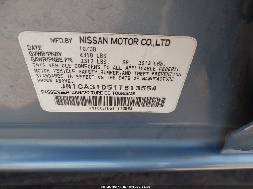 2001 Nissan Maxima VIN JN1CA31D51T613554 IAAI salvage auction — ROOF, Salvage (Arizona), sold $300 on 2026-07-28 (photo 9)