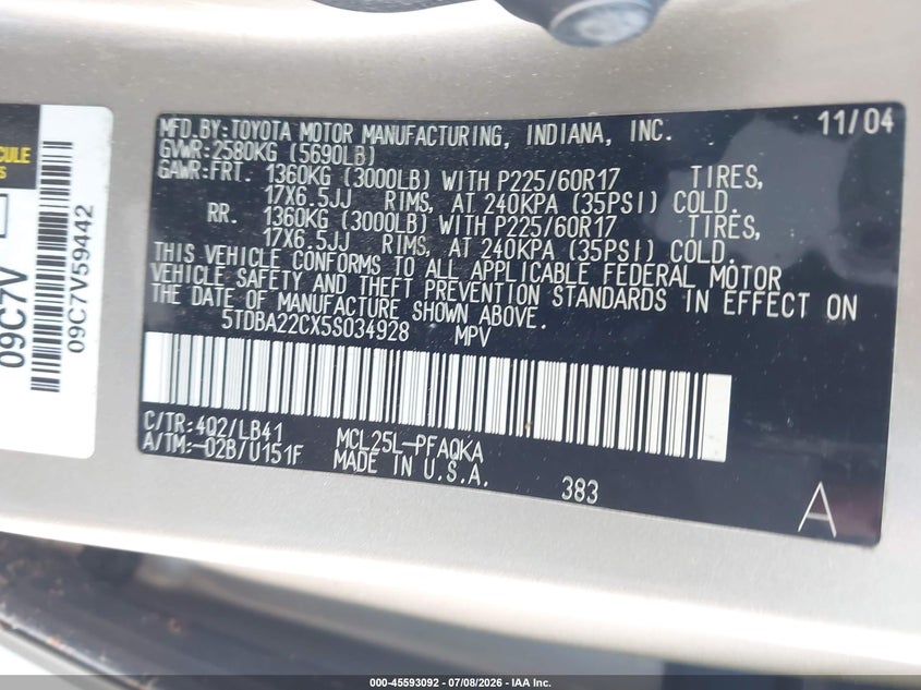 2005 Toyota Sienna VIN 5TDBA22CX5S034928 IAAI salvage auction — NORMAL WEAR, Clear - Dealer Only (California), sold $700 on 2026-07-29 (photo 9)