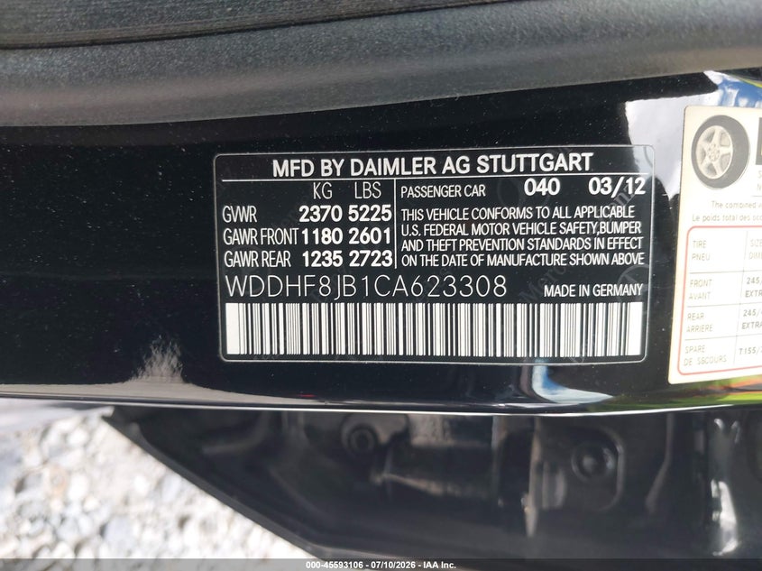 2012 Mercedes-benz E-klasse VIN WDDHF8JB1CA623308 IAAI salvage auction — FRONT & REAR, Salvage Title, sold $1,200 on 2026-07-22 (photo 9)