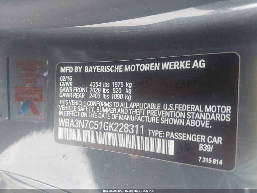 2016 BMW 4er VIN WBA3N7C51GK228311 IAAI salvage auction — REAR END, Salvage (California), sold $1,550 on 2026-07-29 (photo 9)