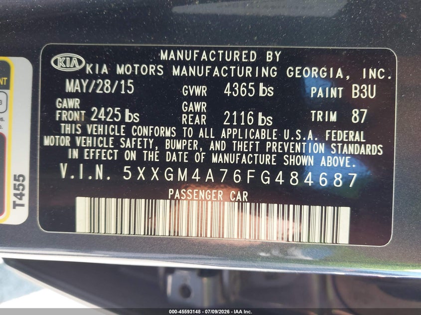 2015 Kia Optima VIN 5XXGM4A76FG484687 IAAI salvage auction — RIGHT REAR, Salvage Title, sold $925 on 2026-07-29 (photo 9)