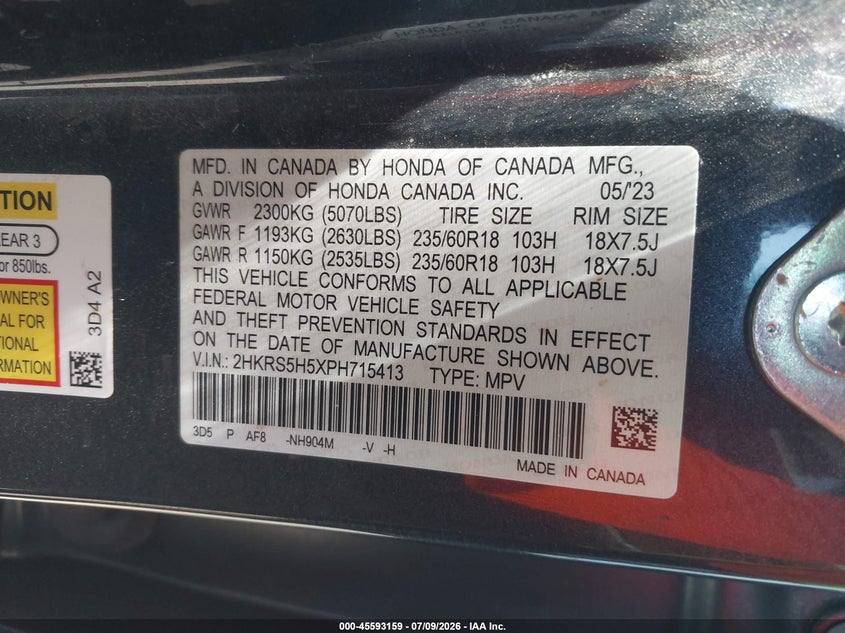 2023 Honda Cr-v VIN 2HKRS5H5XPH715413 IAAI salvage auction — REAR END, Salvage Title, sold $13,100 on 2026-08-20 (photo 9)