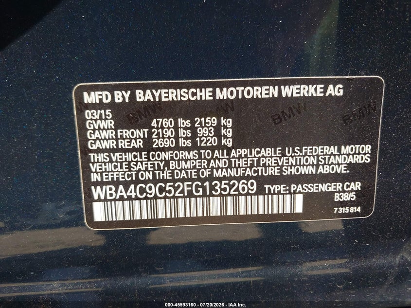 2015 BMW 4er VIN WBA4C9C52FG135269 IAAI salvage auction — RIGHT SIDE, Clear (Massachusetts), sold $6,050 on 2026-08-04 (photo 9)