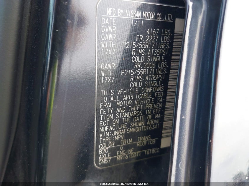 2011 Nissan Juke VIN JN8AF5MV0BT016341 IAAI salvage auction — NORMAL WEAR, Clear (Virginia), sold $650 on 2026-08-01 (photo 9)