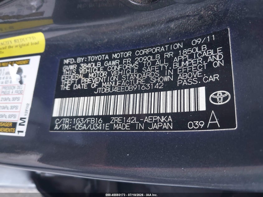 2011 Toyota Corolla VIN JTDBU4EE0B9163142 IAAI salvage auction — NORMAL WEAR, Original (Texas), sold $775 on 2026-07-29 (photo 9)