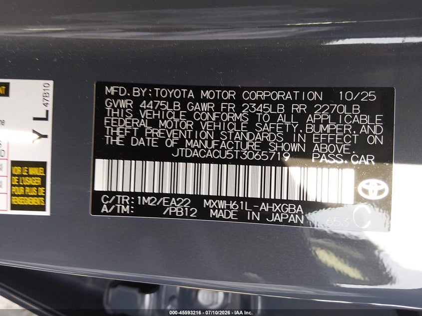 2026 Toyota Prius VIN JTDACACUST3065719 IAAI salvage auction — FRONT & REAR, Wait Title, sold $7,125 on 2026-10-01 (photo 9)