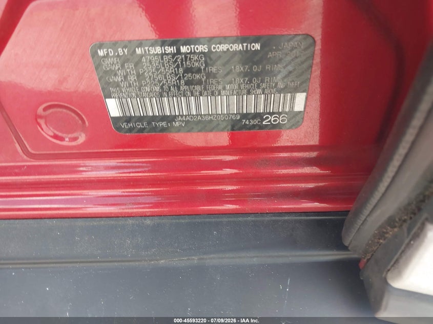 2017 Mitsubishi Outlander VIN JA4AD2A36HZ050769 IAAI salvage auction — NORMAL WEAR, Clear (Florida), sold $1,475 on 2026-07-30 (photo 9)