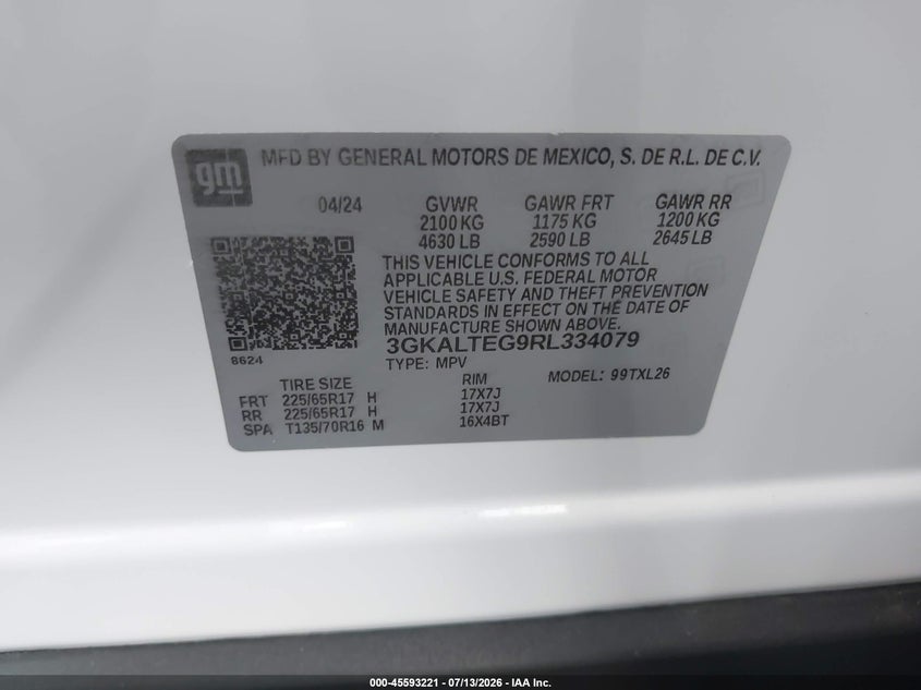 2024 Gmc Terrain VIN 3GKALTEG9RL334079 IAAI salvage auction — FRONT END, Salvage Certificate (California), sold $7,525 on 2026-08-21 (photo 9)