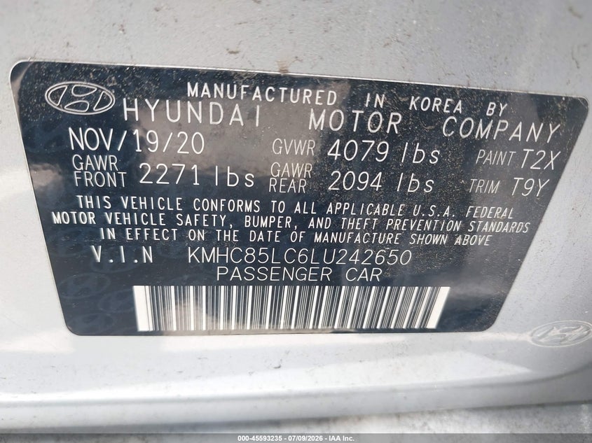 2020 Hyundai Ioniq VIN KMHC85LC6LU242650 IAAI salvage auction — WATER/FLOOD, Rebuildable (Florida), sold $4,450 on 2026-07-29 (photo 9)