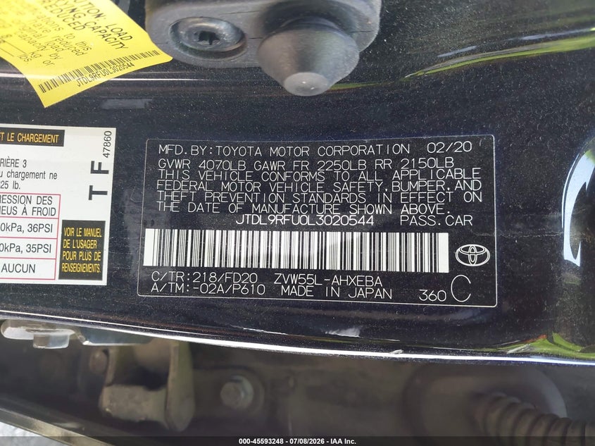 2020 Toyota Prius VIN JTDL9RFU0L3020544 IAAI salvage auction — FRONT END, Salvage Title, sold $4,100 on 2026-07-21 (photo 9)