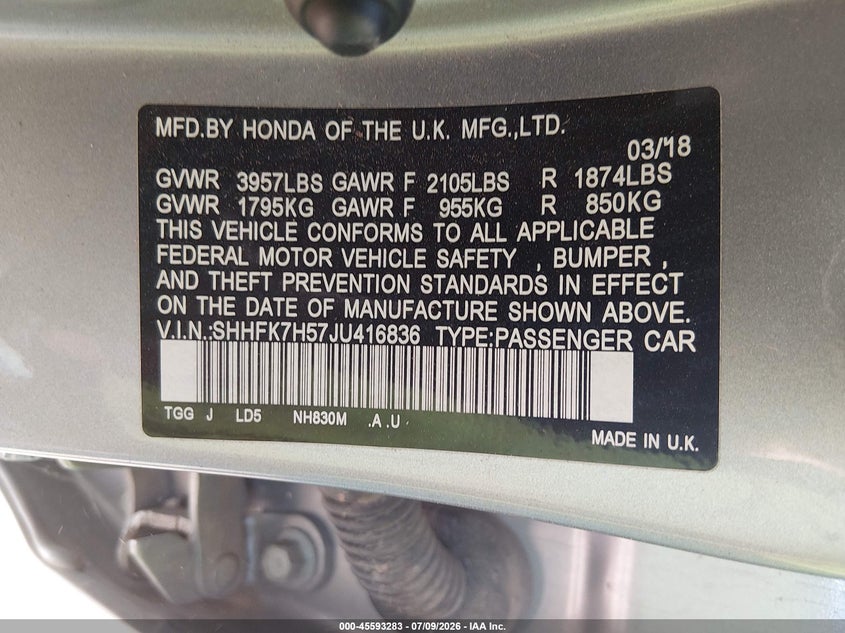 2018 Honda Civic VIN SHHFK7H57JU416836 IAAI salvage auction — NORMAL WEAR, Clear-Dealer Only (Arizona), sold $1,800 on 2026-07-28 (photo 9)