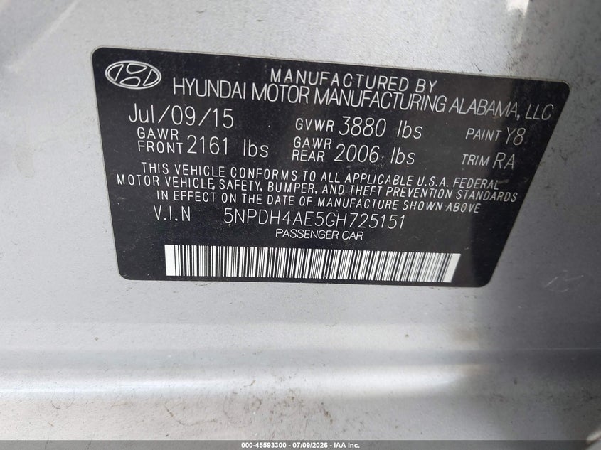 2016 Hyundai Elantra VIN 5NPDH4AE5GH725151 IAAI salvage auction — FRONT END, Salvage Title, sold $1,100 on 2026-08-03 (photo 9)