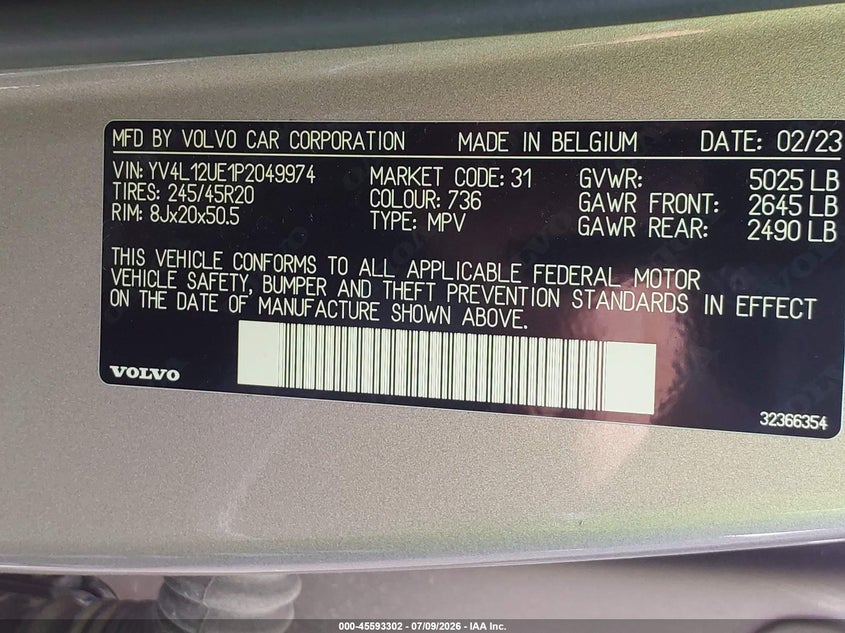 2023 Volvo Xc40 VIN YV4L12UE1P2049974 IAAI salvage auction — LEFT SIDE, Salvage (Louisiana), sold $7,550 on 2026-07-28 (photo 9)