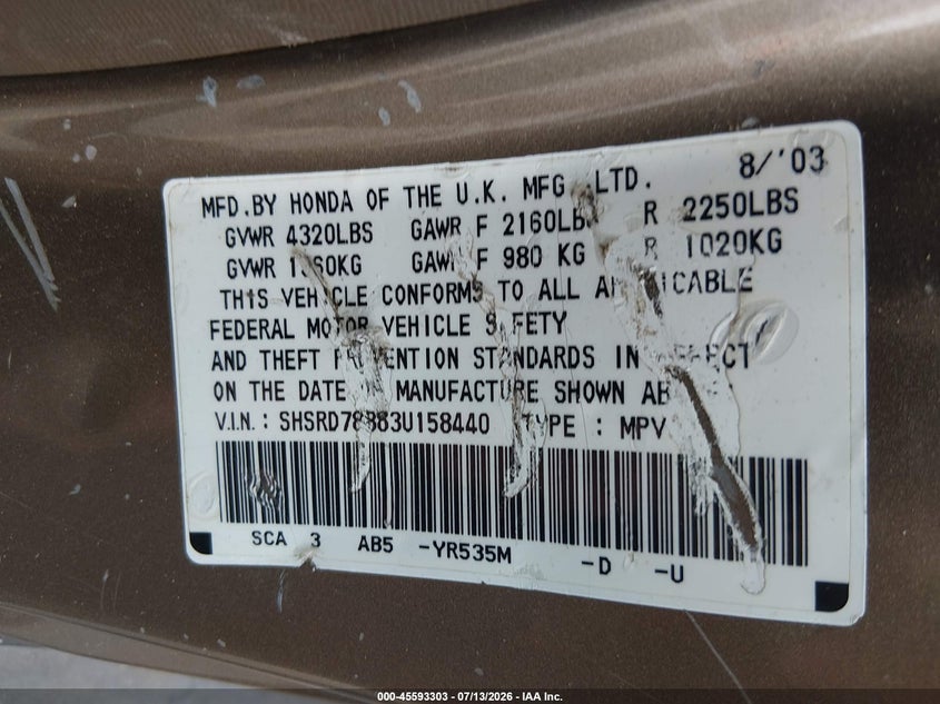 2003 Honda Cr-v VIN SHSRD78883U158440 IAAI salvage auction — NORMAL WEAR, Clear (South Carolina), sold $700 on 2026-07-29 (photo 9)