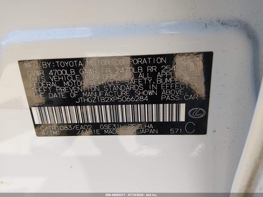 2023 Lexus Is 350 VIN JTHGZ1B2XP5066284 IAAI salvage auction — FRONT END, Salvage (California), sold $17,200 on 2026-07-15 (photo 9)