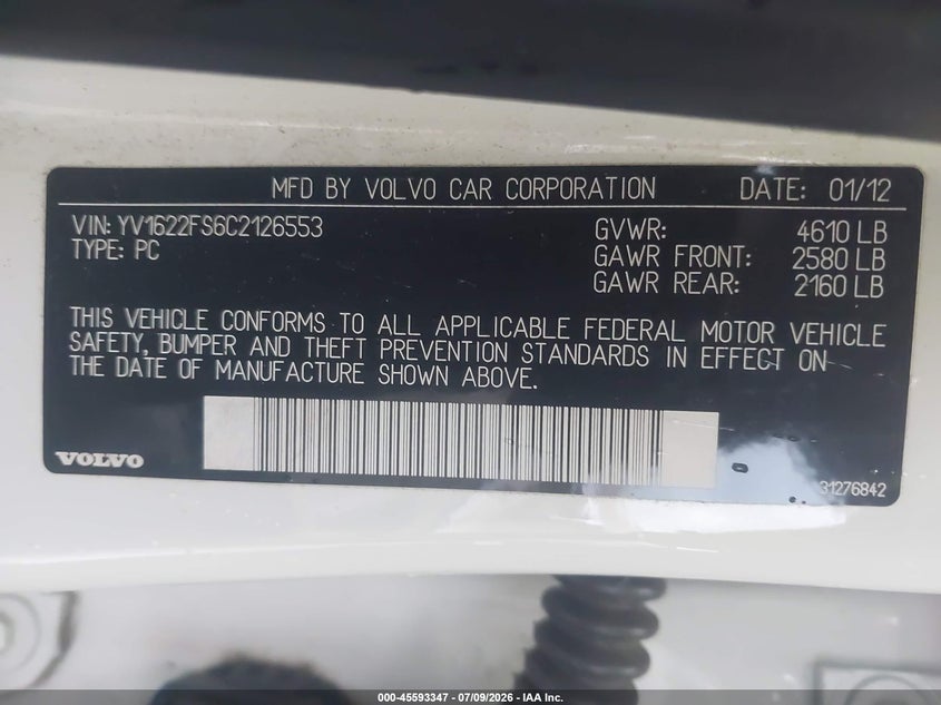 2012 Volvo S60 VIN YV1622FS6C2126553 IAAI salvage auction — FRONT & REAR, Wait Title, sold $875 on 2026-08-19 (photo 9)