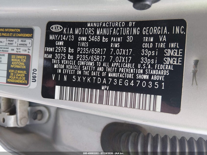 2014 Kia Sorento VIN 5XYKTDA73EG470351 IAAI salvage auction — NORMAL WEAR, Clear (South Carolina), sold $1,100 on 2026-07-29 (photo 9)