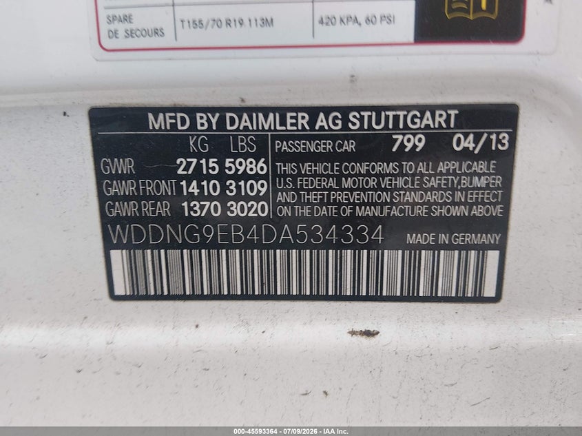 2013 Mercedes-benz S class VIN WDDNG9EB4DA534334 IAAI salvage auction — NORMAL WEAR, Clear (Virginia), sold $875 on 2026-07-28 (photo 9)