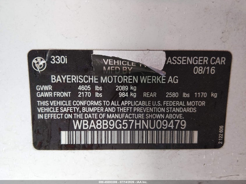 2017 BMW 3er VIN WBA8B9G57HNU09479 IAAI salvage auction — UNDERCARRIAGE, Original (Texas), sold $3,800 on 2026-08-21 (photo 9)