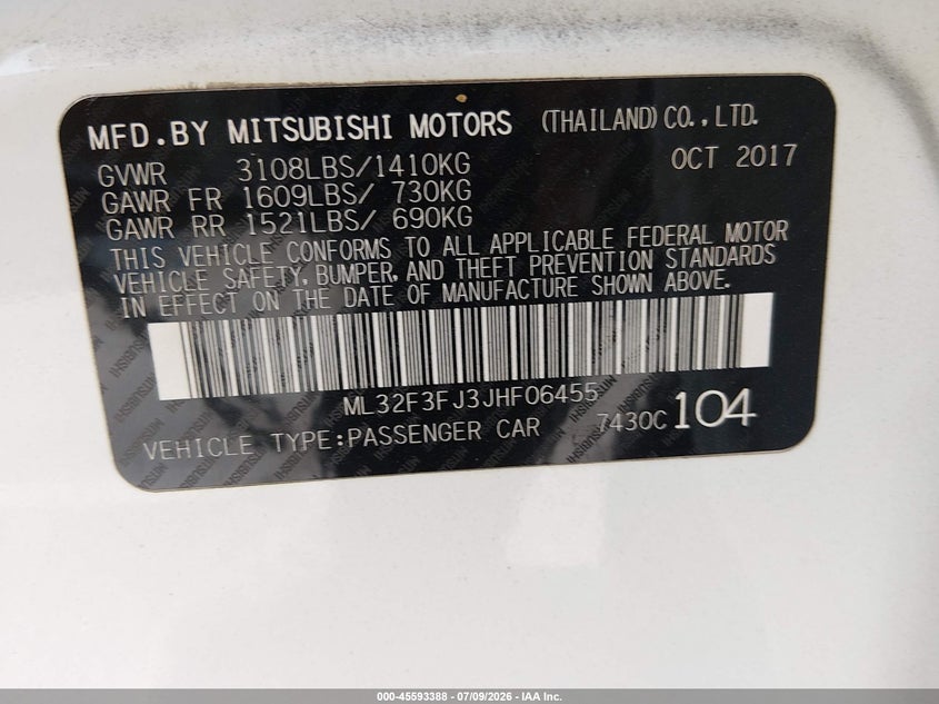2018 Mitsubishi Mirage VIN ML32F3FJ3JHF06455 IAAI salvage auction — FRONT END, Salvage (California), sold $775 on 2026-07-30 (photo 9)