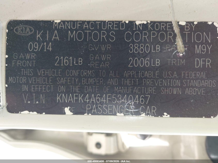 2015 Kia Forte VIN KNAFK4A64F5340467 IAAI salvage auction — VANDALISM, Salvage (Ohio), sold $575 on 2026-07-29 (photo 9)