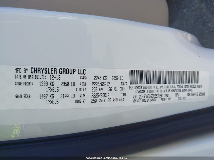 2014 Dodge Caravan VIN 2C4RDGCG6ER253186 IAAI salvage auction — RIGHT FRONT, Salvage Title, sold $400 on 2026-07-18 (photo 9)