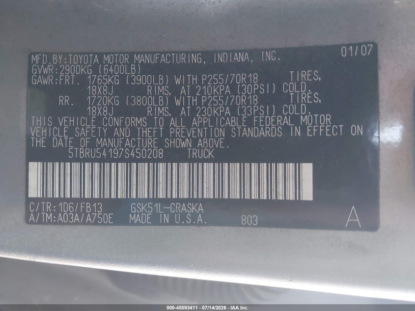 2007 Toyota Tundra VIN 5TBRU54197S450208 IAAI salvage auction — NORMAL WEAR, Clear (Arkansas), sold $1,450 on 2026-07-29 (photo 9)