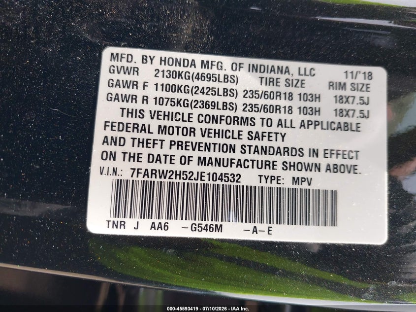 2018 Honda Cr-v VIN 7FARW2H52JE104532 IAAI salvage auction — SIDE, Salvage Title, sold $6,100 on 2026-08-01 (photo 9)