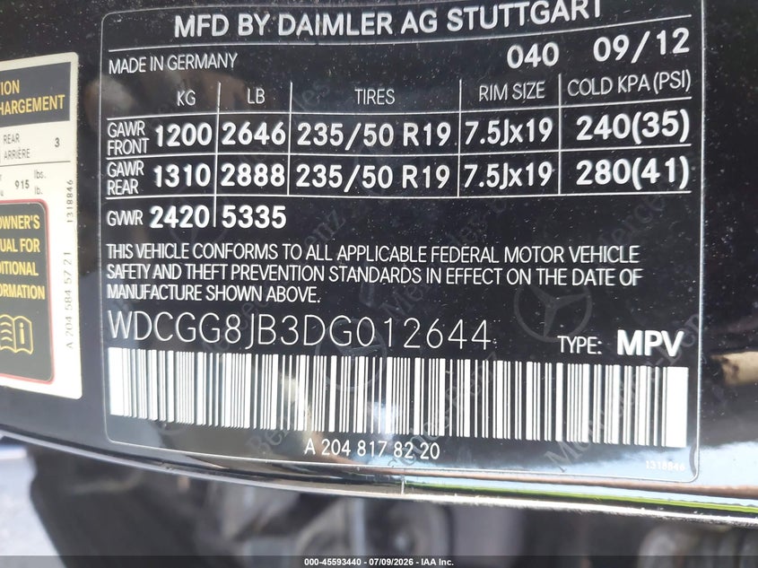 2013 Mercedes-benz Glk-class VIN WDCGG8JB3DG012644 IAAI salvage auction — NORMAL WEAR, Clear (Michigan), sold $4,100 on 2026-07-15 (photo 9)