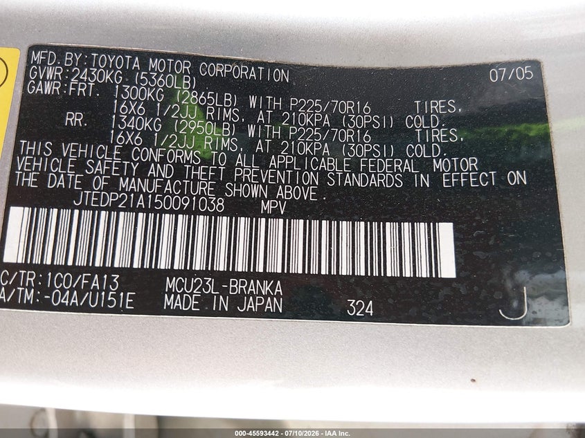 2005 Toyota Highlander VIN JTEDP21A150091038 IAAI salvage auction — NORMAL WEAR, Clear-Dealer Only (Arizona), sold $25 on 2026-07-21 (photo 9)