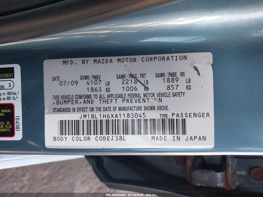2010 Mazda 3 VIN JM1BL1H6XA1183045 IAAI salvage auction — FRONT END, Salvage (Georgia), sold $1,200 on 2026-09-02 (photo 9)